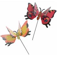 2x Stuks Metalen Deco Vlinders Rood En Geel Van 17 X 60 Cm Op Tuinstekers - Dieren Decoratie Tuin Beeldjes/beelden
