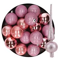 Bellatio 24x stuks kunststof kerstballen 6 cm inclusief glitter piek roze -
