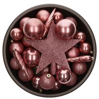Bellatio 33x stuks kunststof kerstballen met piek 5-6-8 cm oudroze incl. haakjes -