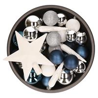 Decoris 33x stuks kunststof kerstballen met piek 5-6-8 cm blauw/wit/zilver incl. haakjes -