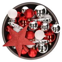 Decoris 33x stuks kunststof kerstballen met piek 5-6-8 cm rood/wit/zilver incl. haakjes -