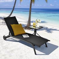 costway Verstelbare Ligstoel voor Buiten met Wielen en Sneldrogende Stof voor Zwembad en Tuin Zwart