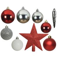 Decoris 33x stuks kunststof kerstballen met piek rood/wit/zilver 5-6-8 cm -
