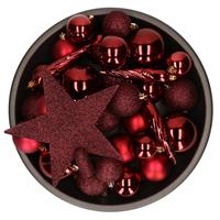 Decoris 33x stuks kunststof kerstballen met ster piek rood 5-6-8 cm mix -