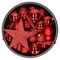Decoris 33x stuks kunststof kerstballen rood met ster piek 5-6-8 cm mix -