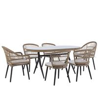 Beliani - Gartenset Beige Rattan Polyester 6-Sitzer Tischplatte aus Sicherheitsglas 6 Stühle mit Armlehnen schwarze Metalbeine Garten Terrasse