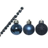 Decoris 14x stuks kunststof kerstballen donkerblauw 3 cm glans/mat/glitter -