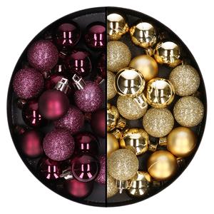 Bellatio 40x stuks kleine kunststof kerstballen aubergine paars en goud 3 cm -