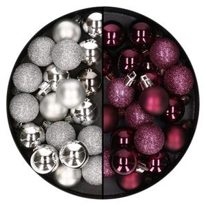 Bellatio 40x stuks kleine kunststof kerstballen aubergine paars en zilver 3 cm -