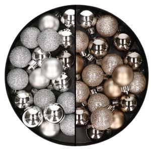 Bellatio 40x stuks kleine kunststof kerstballen champagne en zilver 3 cm -