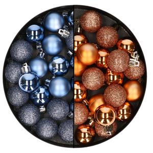 Bellatio 40x stuks kleine kunststof kerstballen donkerblauw en koper 3 cm -