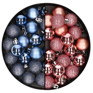 Bellatio 40x stuks kleine kunststof kerstballen donkerblauw en roze 3 cm -