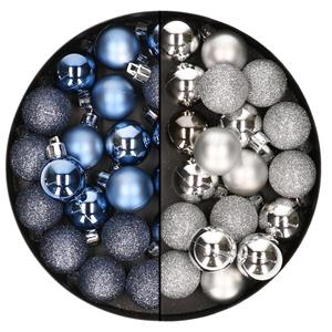 Bellatio 40x stuks kleine kunststof kerstballen donkerblauw en zilver 3 cm -
