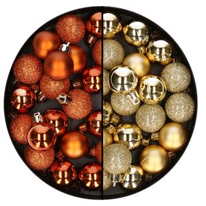 Bellatio 40x stuks kleine kunststof kerstballen goud en oranje 3 cm -