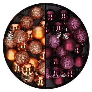 Bellatio 40x stuks kleine kunststof kerstballen koper en aubergine paars 3 cm -
