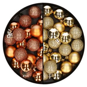 Bellatio 40x stuks kleine kunststof kerstballen koper en goud 3 cm -