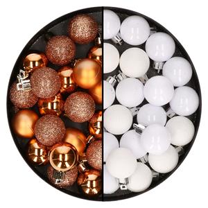 Bellatio 40x stuks kleine kunststof kerstballen koper en wit 3 cm -
