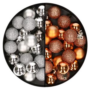 Bellatio 40x stuks kleine kunststof kerstballen koper en zilver 3 cm -