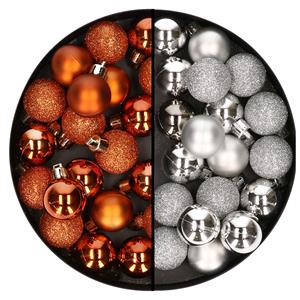 Bellatio 40x stuks kleine kunststof kerstballen oranje en silver 3 cm -