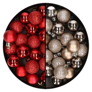 Bellatio 40x stuks kleine kunststof kerstballen rood en champagne 3 cm -