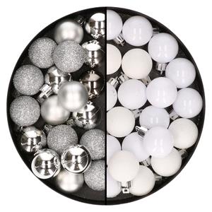 Bellatio 40x stuks kleine kunststof kerstballen wit en zilver 3 cm -