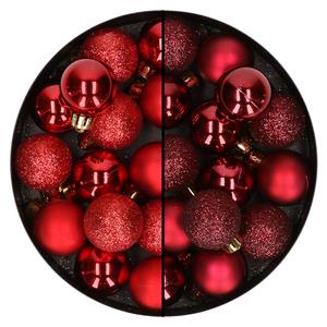 Bellatio 28x stuks kleine kunststof kerstballen bordeaux rood en rood 3 cm -