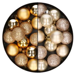 Bellatio 28x stuks kleine kunststof kerstballen champagne en goud 3 cm -