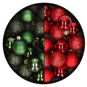 Bellatio 28x stuks kleine kunststof kerstballen dennengroen en rood 3 cm -