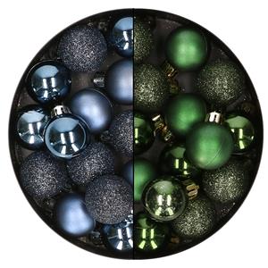 Bellatio 28x stuks kleine kunststof kerstballen donkerblauw en donkergroen 3 cm -