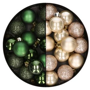 Bellatio 28x stuks kleine kunststof kerstballen donkergroen en champagne 3 cm -