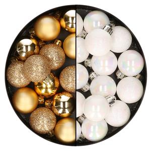Bellatio 28x stuks kleine kunststof kerstballen goud en parelmoer wit 3 cm -
