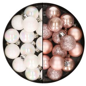 Bellatio 28x stuks kleine kunststof kerstballen lichtroze en parelmoer wit 3 cm -