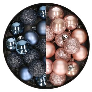 Bellatio 28x stuks kleine kunststof kerstballen nachtblauw en zacht roze 3 cm -