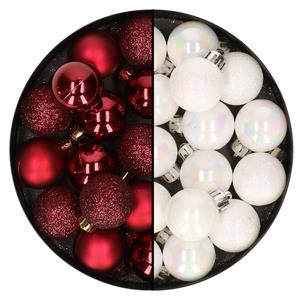 Bellatio 28x stuks kleine kunststof kerstballen parelmoer donkerrood en wit 3 cm -