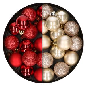 Bellatio 28x stuks kleine kunststof kerstballen rood en champagne 3 cm -