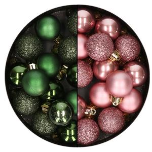 Bellatio 28x stuks kleine kunststof kerstballen velvet roze en dennengroen 3 cm -