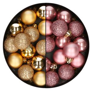 Bellatio 28x stuks kleine kunststof kerstballen velvet roze en goud 3 cm -