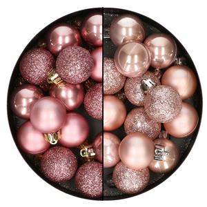 Bellatio 28x stuks kleine kunststof kerstballen velvet roze en zachtroze 3 cm -