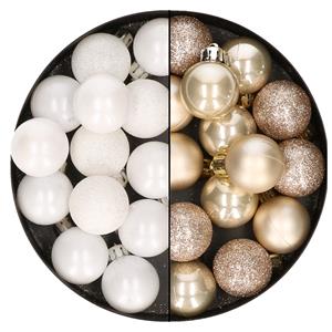 Bellatio 28x stuks kleine kunststof kerstballen wit en champagne 3 cm -