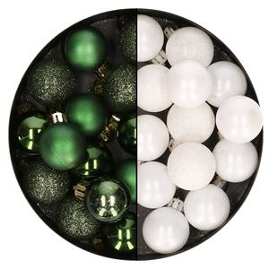 Bellatio 28x stuks kleine kunststof kerstballen wit en dennengroen 3 cm -