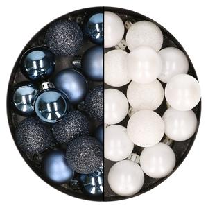 Bellatio 28x stuks kleine kunststof kerstballen wit en nachtblauw 3 cm -