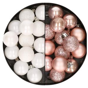 Bellatio 28x stuks kleine kunststof kerstballen wit en zachtroze 3 cm -