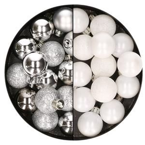 Bellatio 28x stuks kleine kunststof kerstballen wit en zilver 3 cm -
