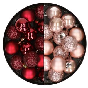Bellatio 28x stuks kleine kunststof kerstballen zachtroze en bordeaux rood 3 cm -