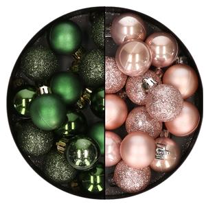 Bellatio 28x stuks kleine kunststof kerstballen zachtroze en dennengroen 3 cm -