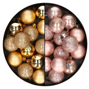 Bellatio 28x stuks kleine kunststof kerstballen zachtroze en goud 3 cm -