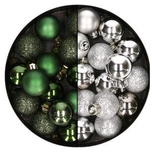 Bellatio 28x stuks kleine kunststof kerstballen zilver en dennengroen 3 cm -