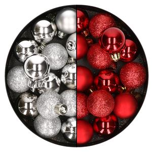 Bellatio 28x stuks kleine kunststof kerstballen zilver en rood 3 cm -