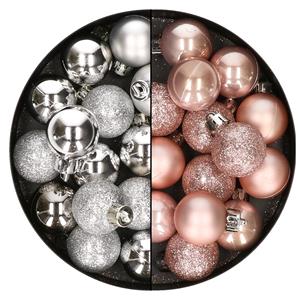 Bellatio 28x stuks kleine kunststof kerstballen zilver en zachtroze 3 cm -