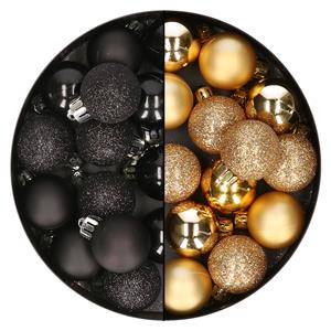 Bellatio 28x stuks kleine kunststof kerstballen zwart en goud 3 cm -